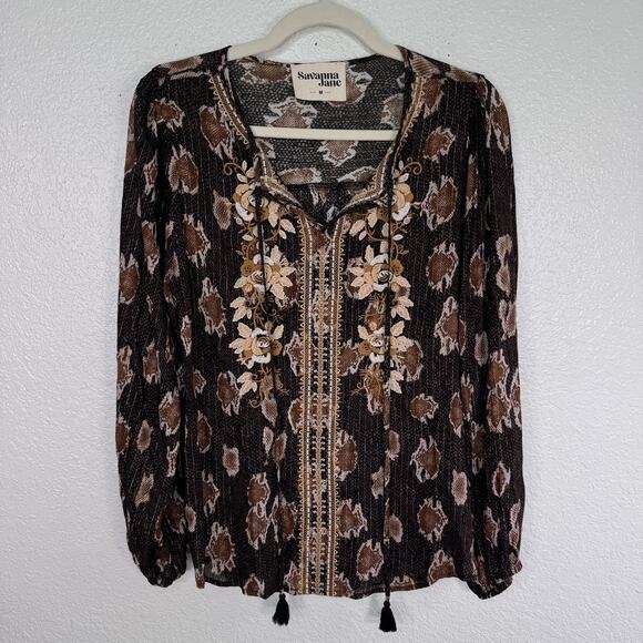 Savanna Jane Tops - Savanna Jane Top Womens Medium Embroidered Floral Animal Snake Metallic Blouse
